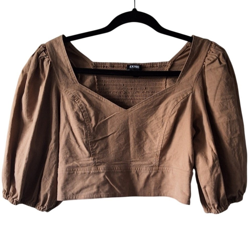 Express Small‎ Linen Blend Milkmaid Smocked Back Crop Top Cottage Core Preppy